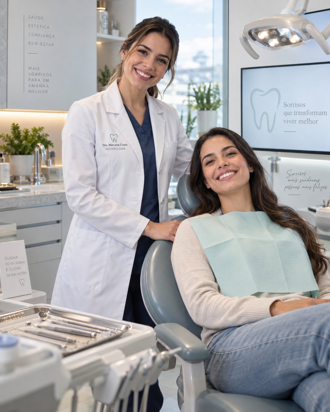 Dentista e paciente sorrindo em um consultório claro