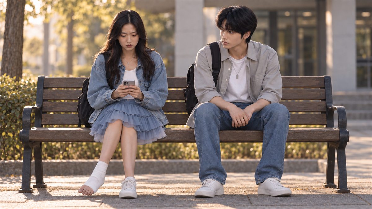 Mina e Jun esperando no banco do campus ao entardecer