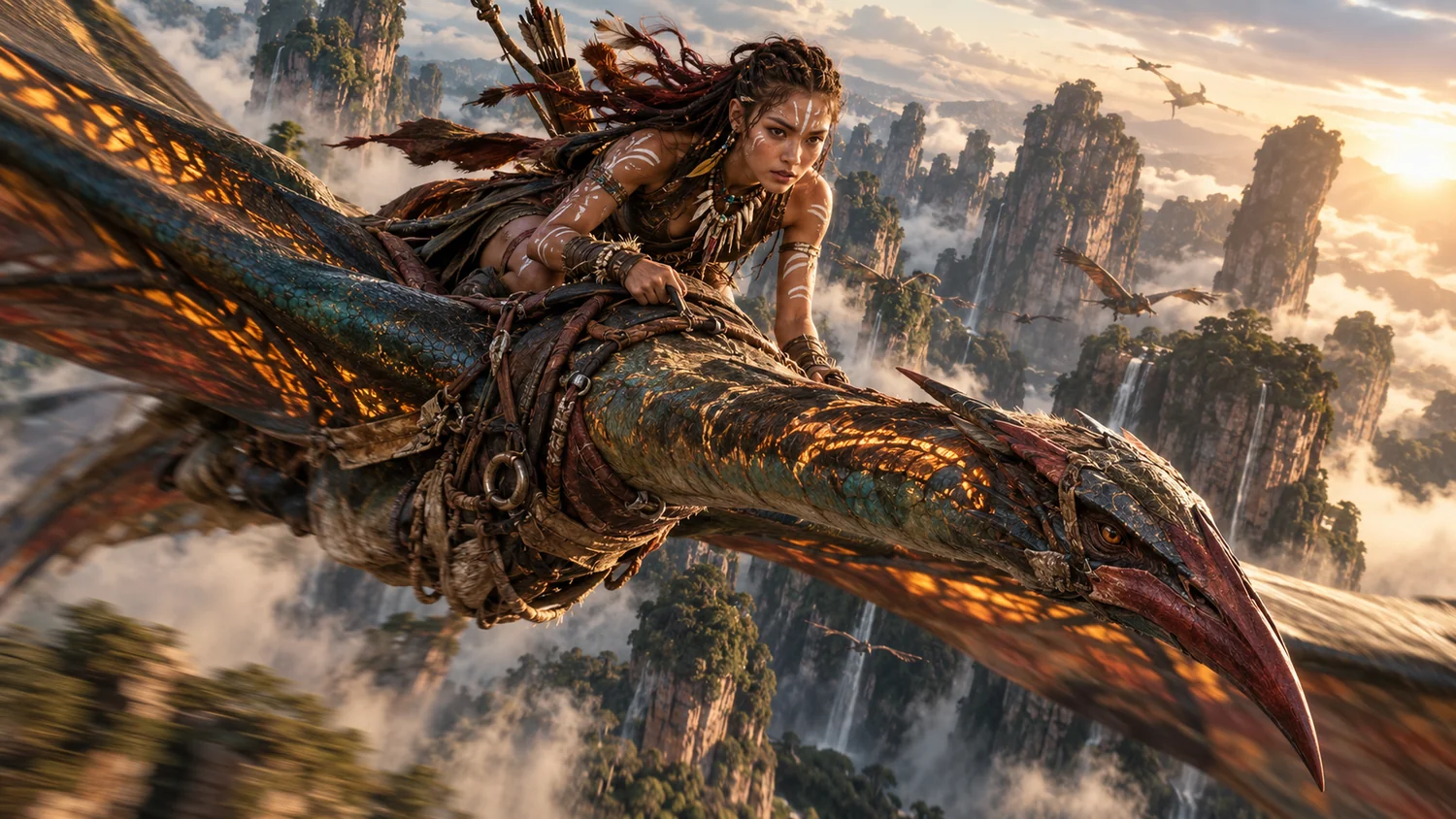 Personagem sobre um dragão em uma paisagem fantástica