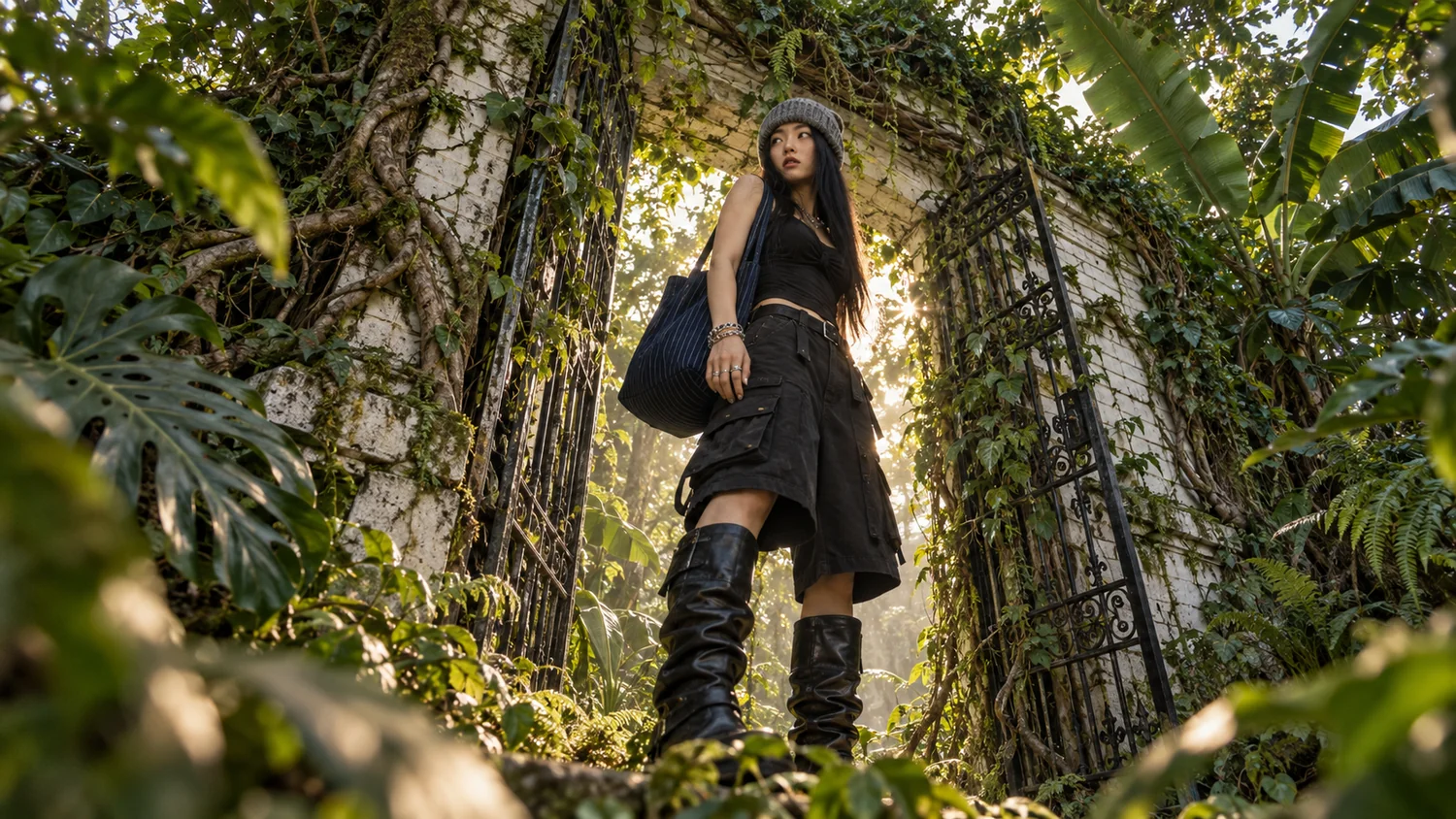 Mulher com figurino preto em cenário de selva e ruínas