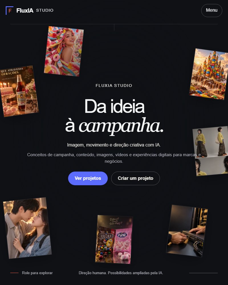 Primeira dobra do portfólio FluxIA Studio