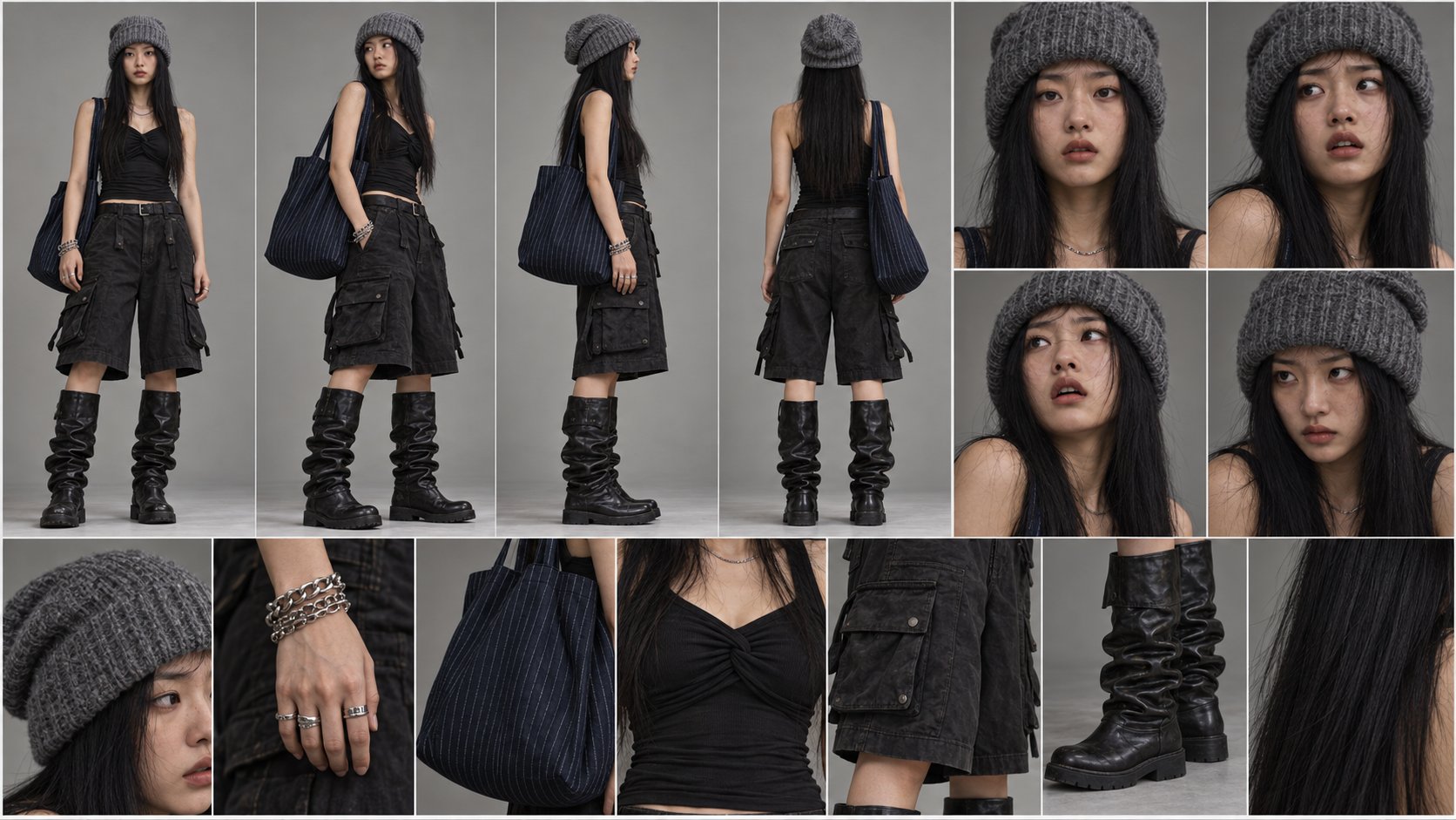 Ficha de editorial de moda em painéis cinzentos