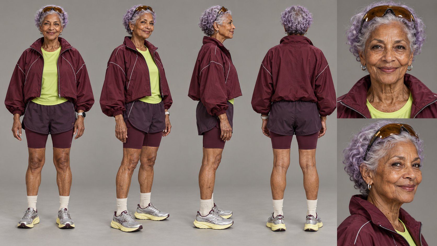 Ficha de look esportivo em vistas múltiplas