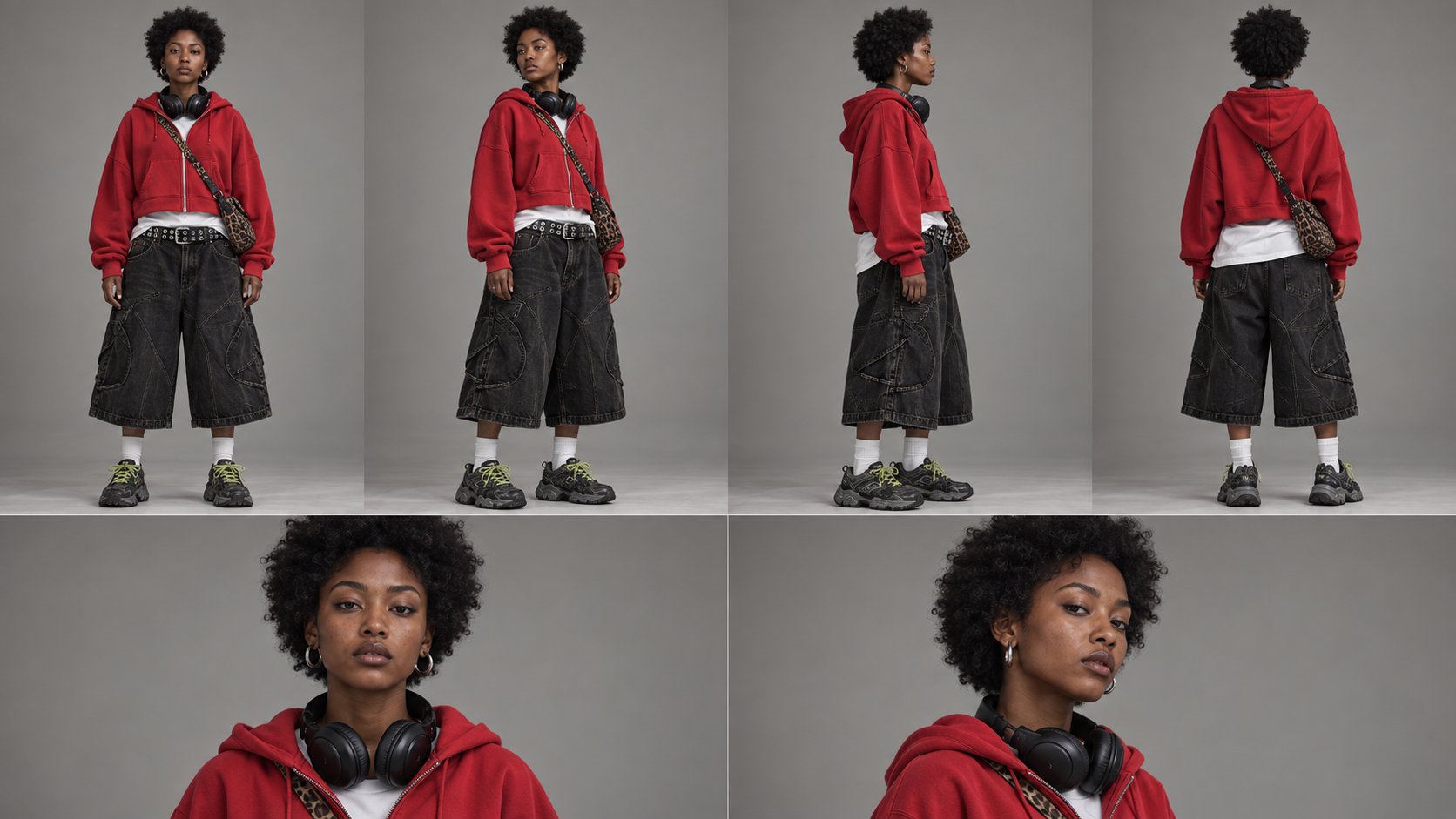 Ficha de look em vermelho e preto, em vistas múltiplas